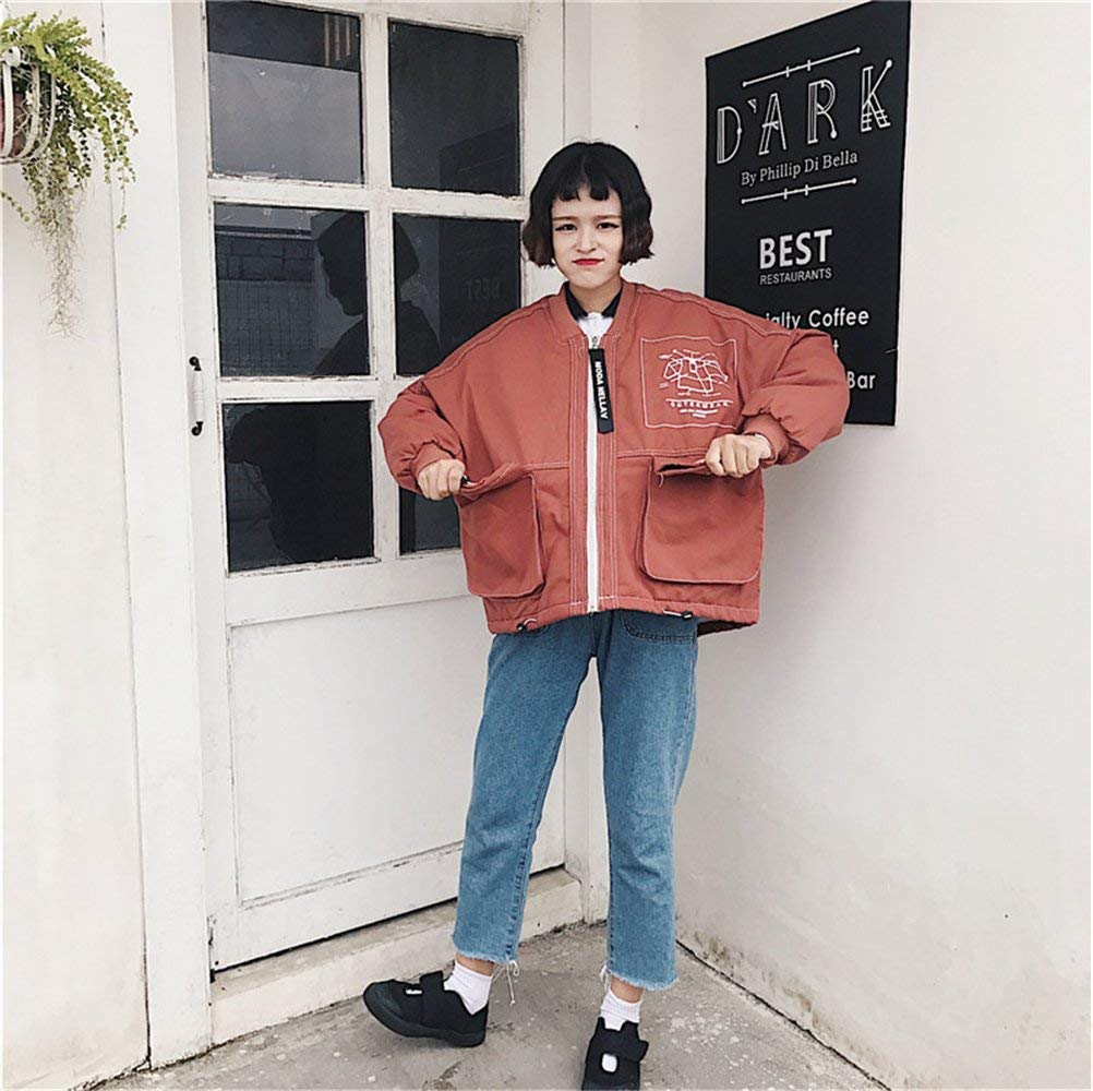 Kurtka damska jesień zima elegancki luźny płaszcz na zewnątrz z długim rękawem zamek błyskawiczny retro na co dzień moda vintage chłopak styl kurtka płaszcz odzież wierzchnia, Czerwony, L