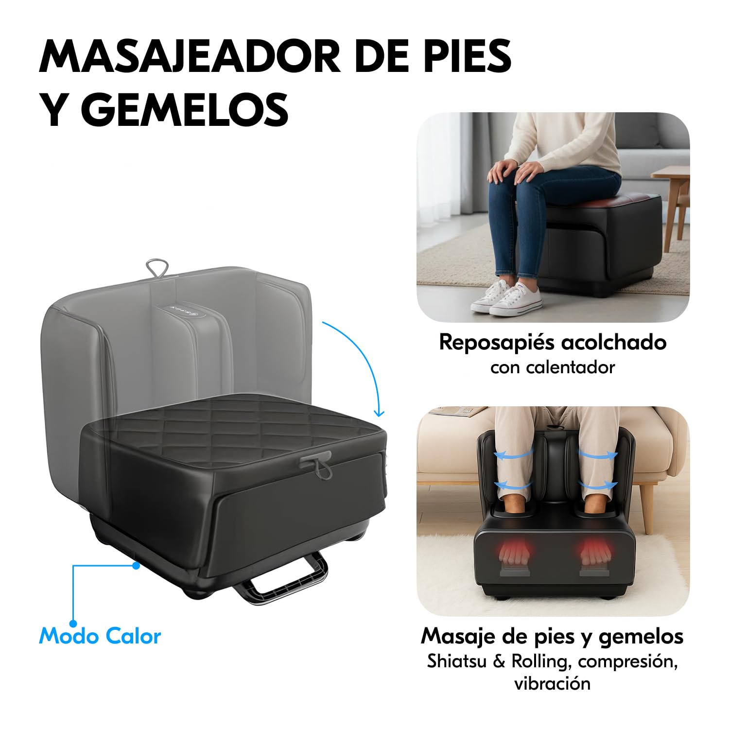 Masajeador de Pies y Gemelos 2 en 1 con Calor, Shiatsu, Compresión, Vibración y Amasado | Masajeador para Pies, Tobillos y Piernas | Alivio del Cansancio y Fascitis Plantar