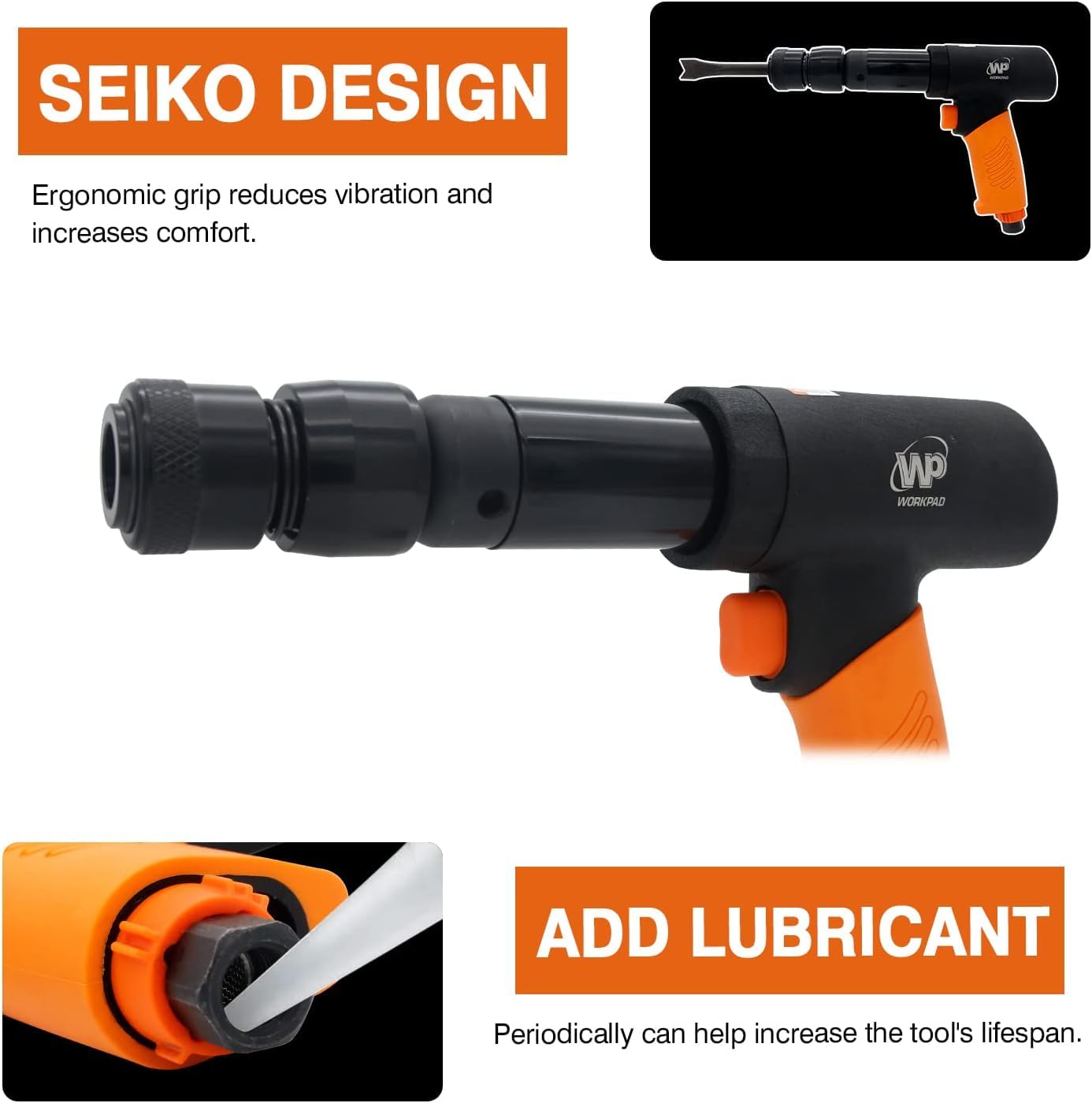 WP WORKPAD Air Hammer, 270mm Long Barrel, 4pcs Chisels, Quick Change Retainer, Straight Edge, High Carbon Steel Blade, Air Chisel Kit - Image 3