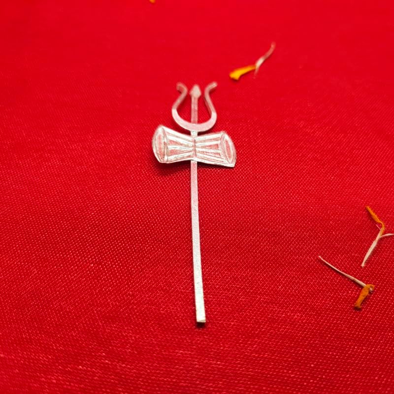 Pure Silver Trishul with Damru for Pooja Room, Home Decor, Mandir Dcor (Size : L-6.5cm * 2cm * H-0.2cm | Weight : 1.9gm Approxe)