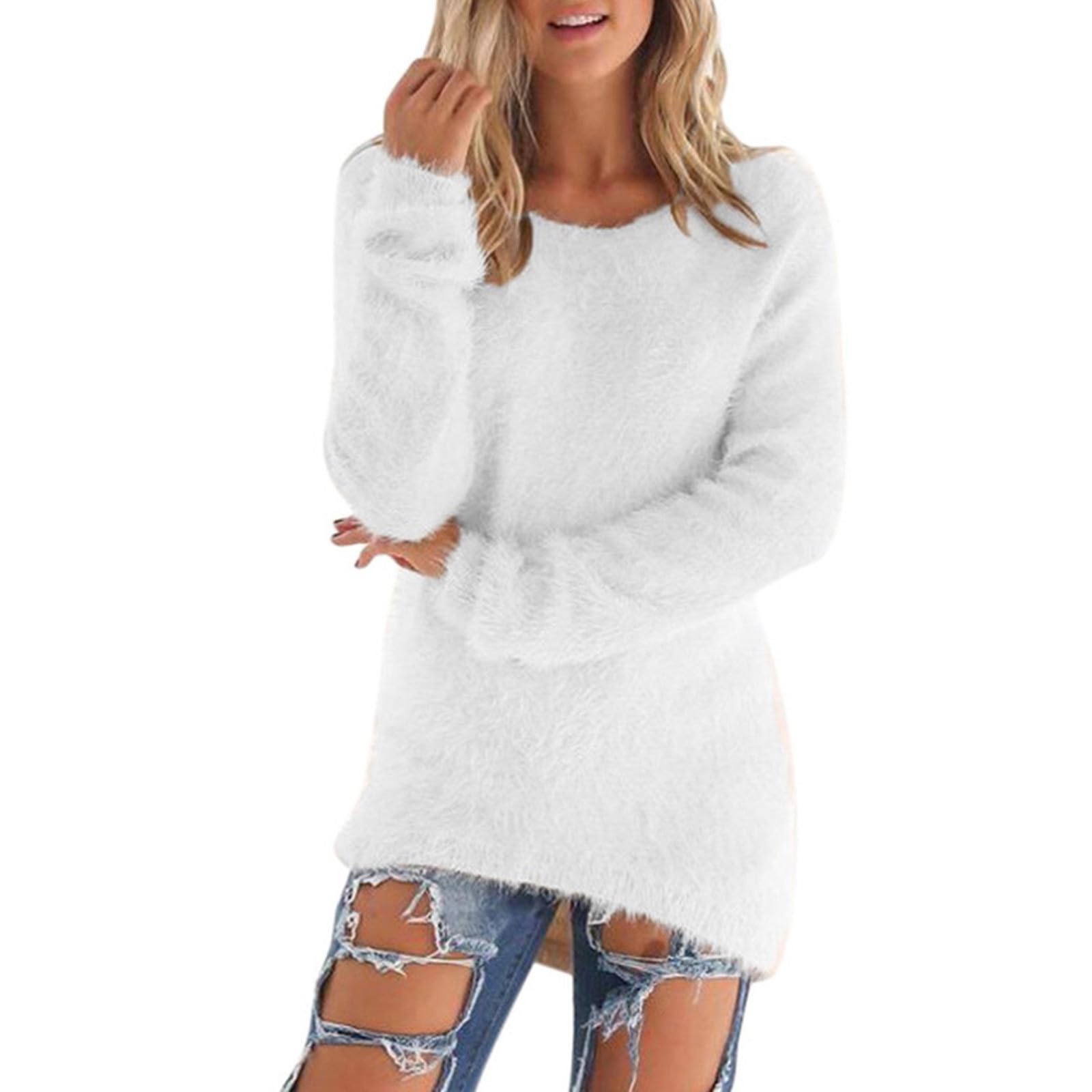 Womens Furry Pullover Sweater Casual Long Sleeve Loose Fluffy Fuzzy Sweaters Soft Tunic Tops Loose Fit