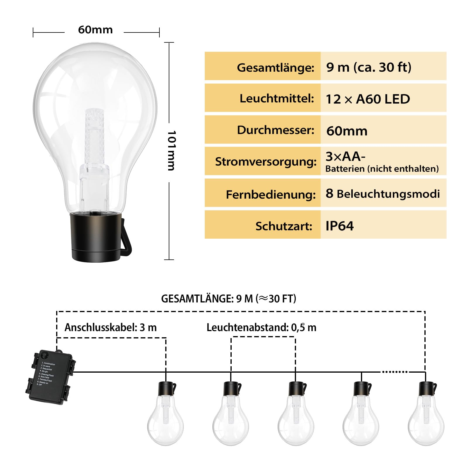 Outdoor Lichterkette Außen Batterie Timer 9M 12 Birnen A60 LED Fernbedienung Lichterkette mit 8 Modi IP64 Lichterketten für Innen Weihnachten Fenster Treppen Gärten Pavillons Hochzeiten