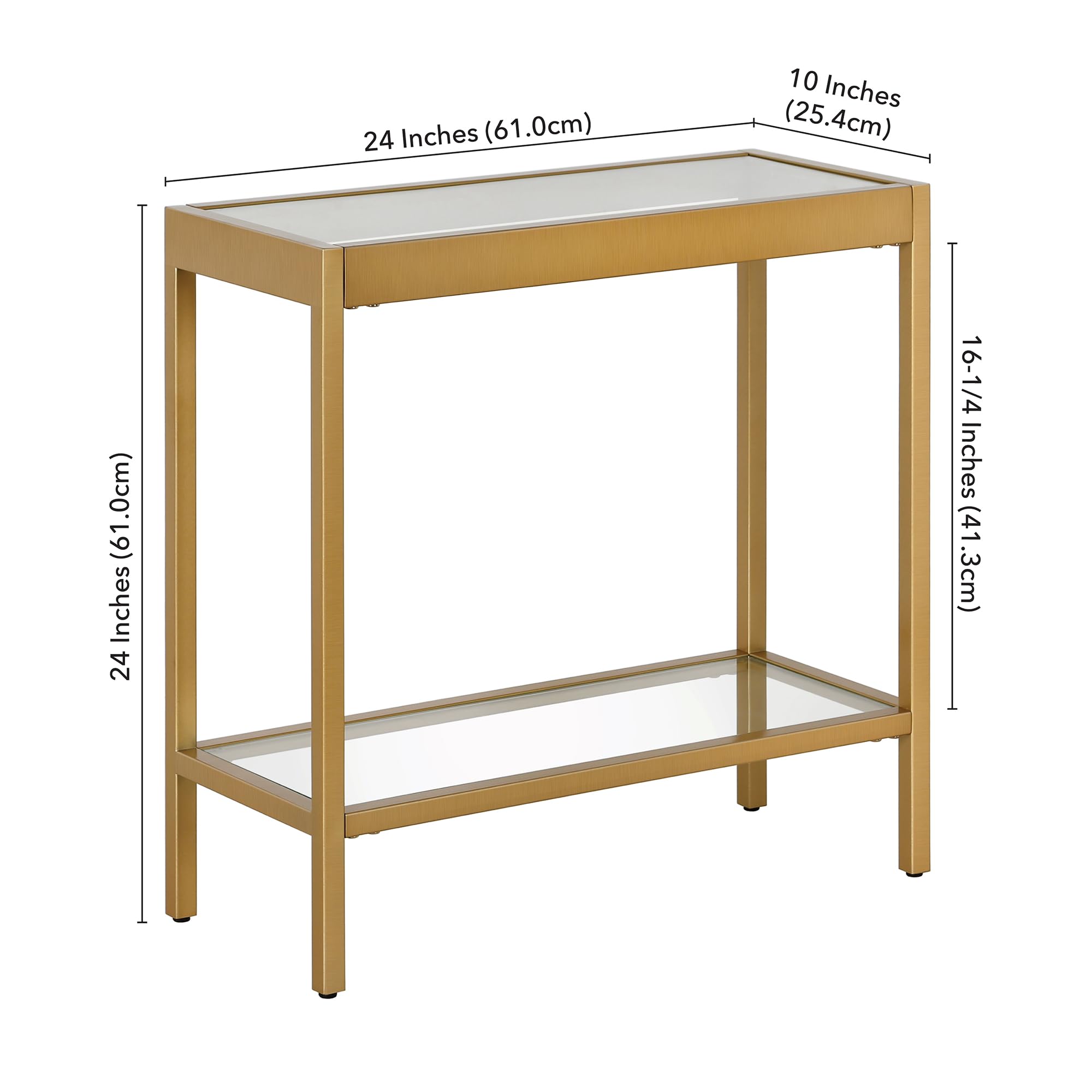 Henn&Hart 24" Wide Rectangular Rectangular Side Table in Brass, Table for Living Room, Bedroom | Two-tiered glass shelves with a metal frame, offering open display space for living rooms, offices, or bedrooms