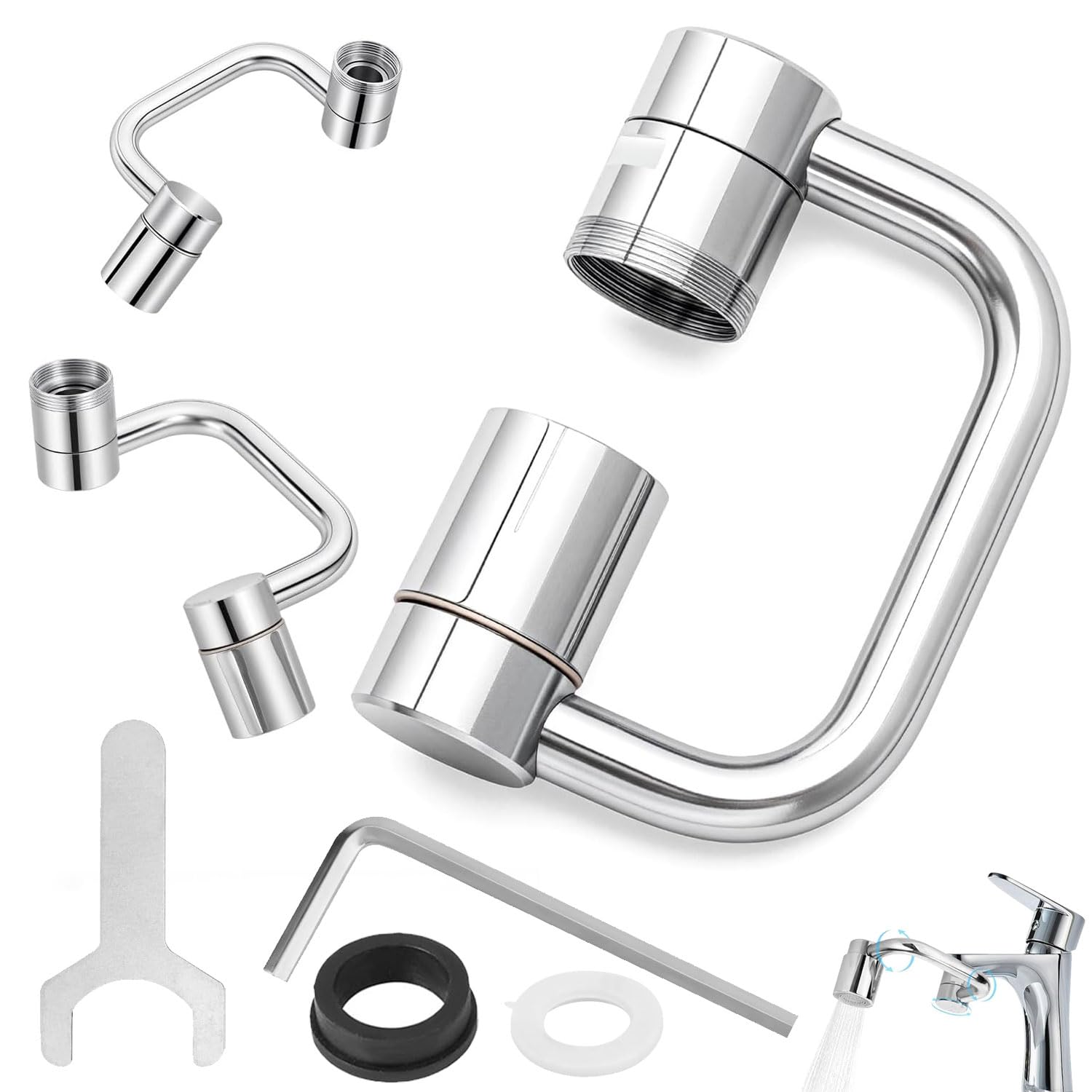 1080° Swivel Faucet Extender,Adjustable U Shaped Faucet Extender,Faucets Adapter,Large-Angle Rotating Splash Filter Faucets with 2 Water Outlet Modes for Bathroom Kitchen Sink(Silver)