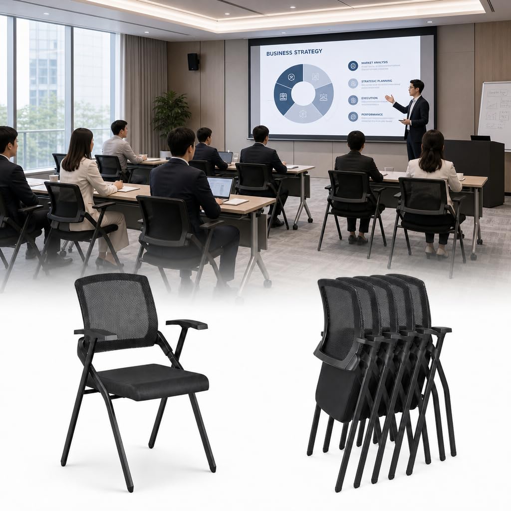 Folding Office Chair with Mesh Back, Stackable Conference Guest Chair with Armrests, Ergonomic Breathable Training Room Chair for Meeting Reception Waiting Room, Holds Up to 300 lbs, Black,Black,8