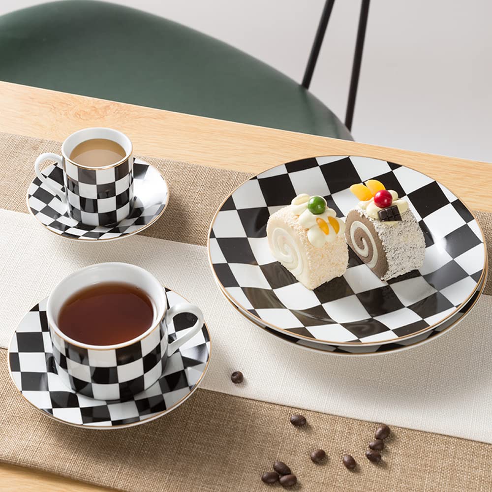 Lot de 4 assiettes à dessert rétro en céramique Motif damier Noir/blanc