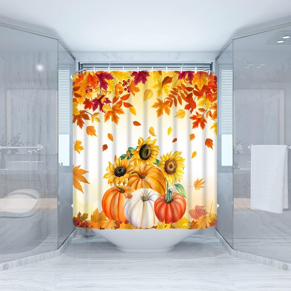 GCTNBJL Fall Pumpkin Maple Leaves Shower Curtain Autumn Thanksgiving Day Harvest Farmhouse Pumpkin Sunflower Falling Maple Leaves Rustic Country Style Bathroom Decor Fabric Curtain with Hooks