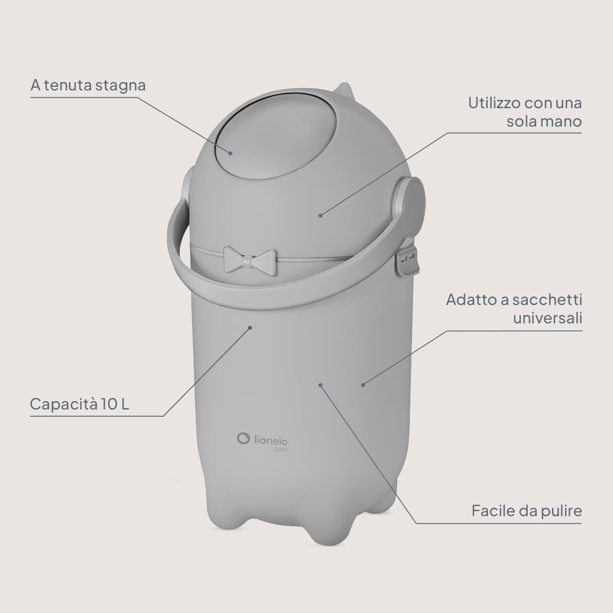 lionelo PUREBIN Mangiapannolini Universale che non lascia uscire gli odori, per sacchetti universali senza ricariche costose, bidone pannolini per neonati, uso con una mano, 10 l (Grigio)