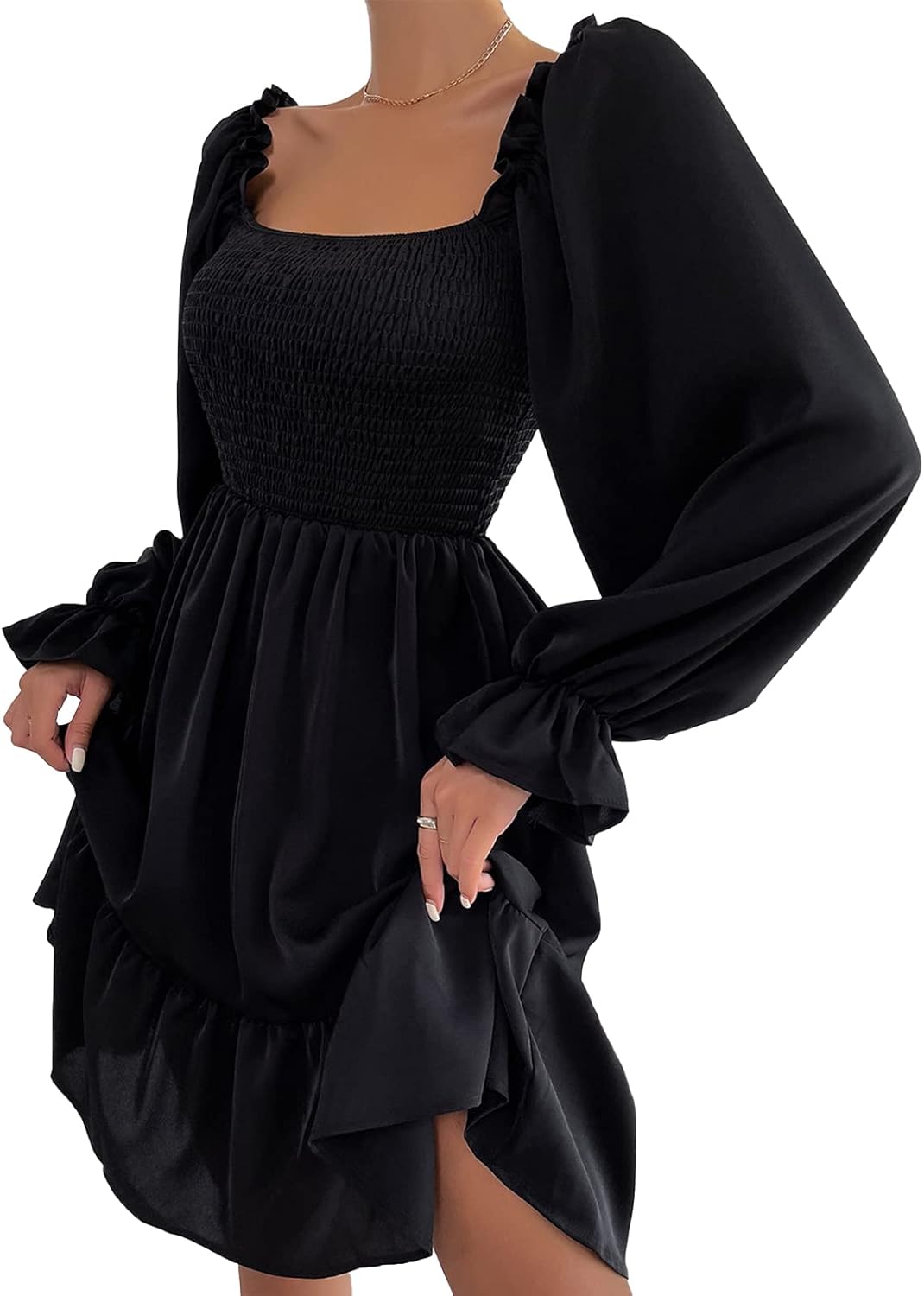 Ekaliy Women's Square Neck Puff Sleeve Dress Smocked Casual A Line Swing Flowy Ruffle Hem Babydoll Mini Dress - Image 4