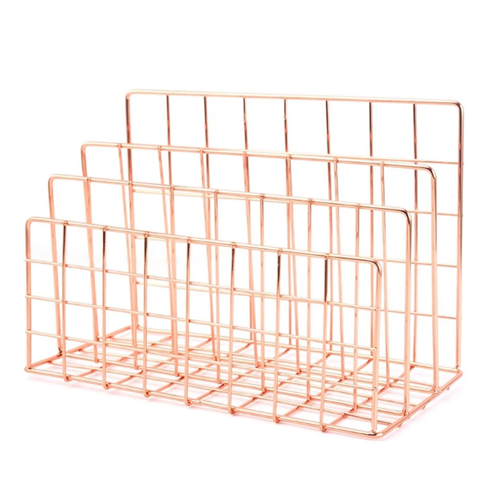 LOVSSU Newspaper Rack Stationery Organizer Notebook Stand Rack 3-Layer Metal Iron Mesh Holder For Magazine Document File Book Office(L Rose Gold)