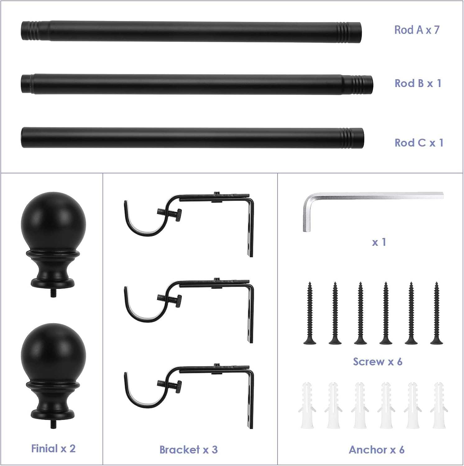 1 Inch Black Curtain Rods for Windows 72 to 144 Inch - Adjustable Drapery Rods with Exquisite Finial for Living Room, Bedroom, Kitchen, Outdoor Patio (Black,32-144")
