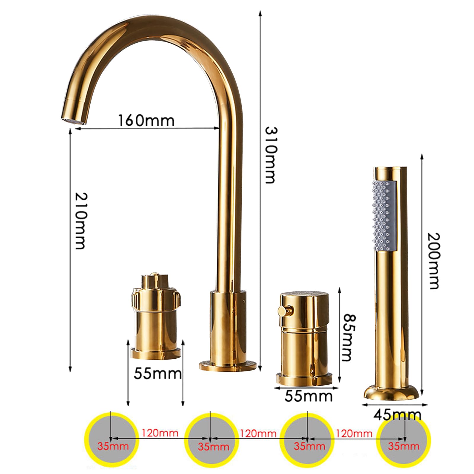 Miscelatore Doccia Termostatico 4 Fori Rubinetto Miscelatore per Vasca da Bagno, Rubinetteria Doccia Nero+Cromo
