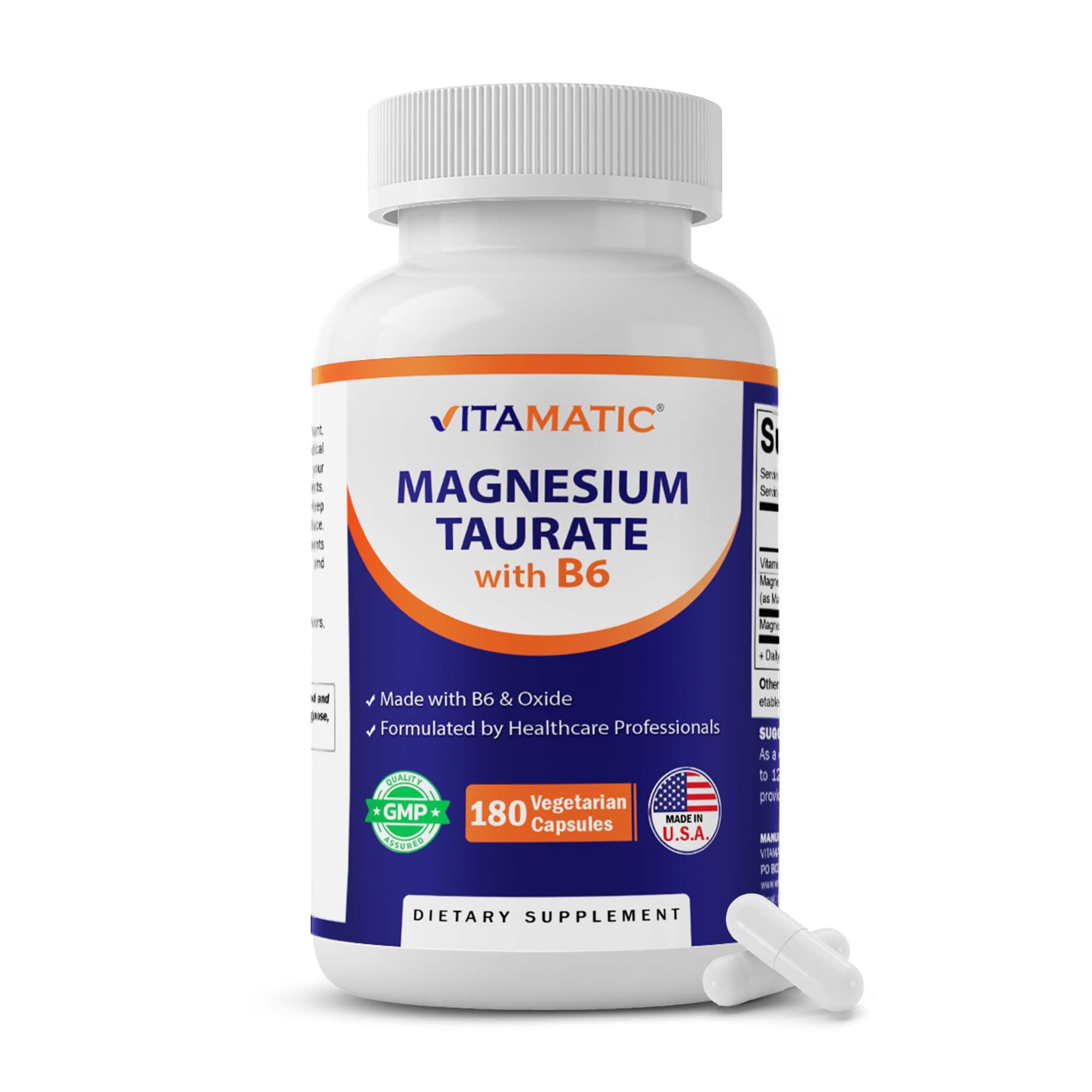 Vitamatic Suplemento de Magnésio Taurato 1500 mg por porção, 300 mg de magnésio elementar, 180 cápsulas vegetarianas