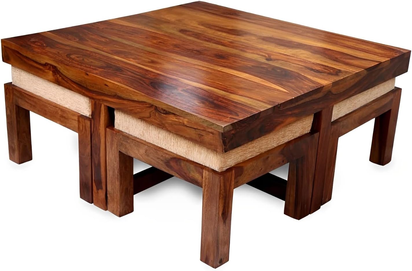 MV Furniture Solid Wood Coffee Table for Living Room | Wooden One Coffee Table with Four Stool | Colour Finish- Natural Finish | Cushion- Cream |