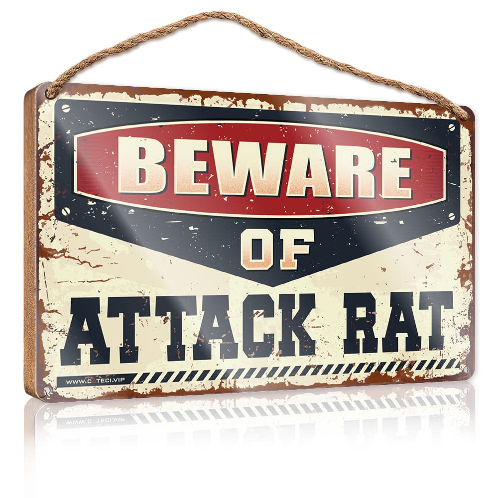 FZFN Front Door Hanging Decor Beware Of Attack Rat Wooden Sign Hanging Door Decor Funny Bathroom Wooden Hanging(23X35CM)