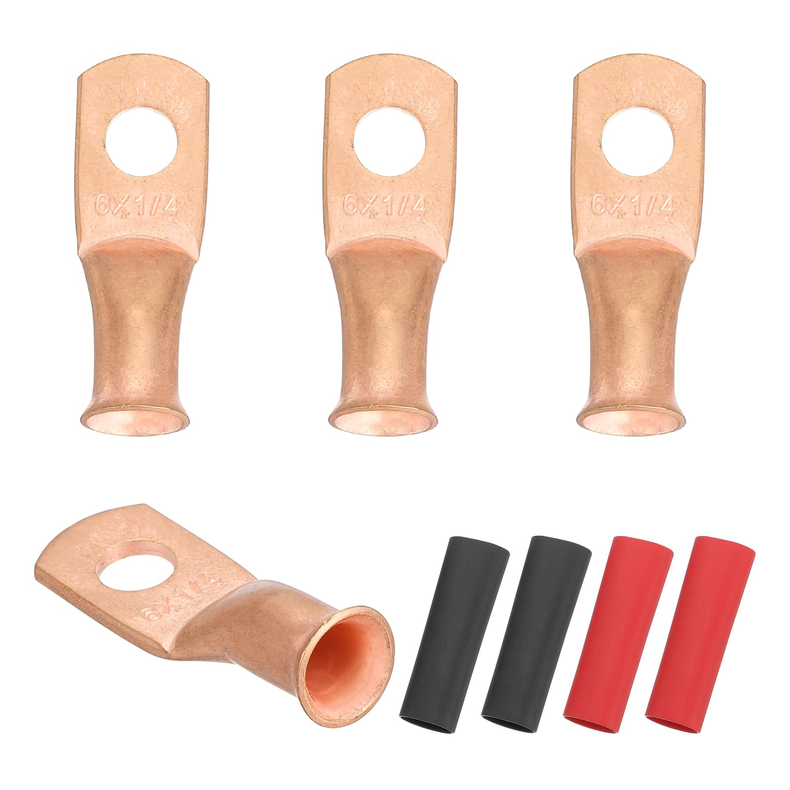 sourcing map 4pcs 6 AWG M6 Battery Lugs Ring Terminals, 1/4" 6mm Stud Crimp Wire Terminal Connector End Copper, 2:1 Heat Shrink Tubing, Gold