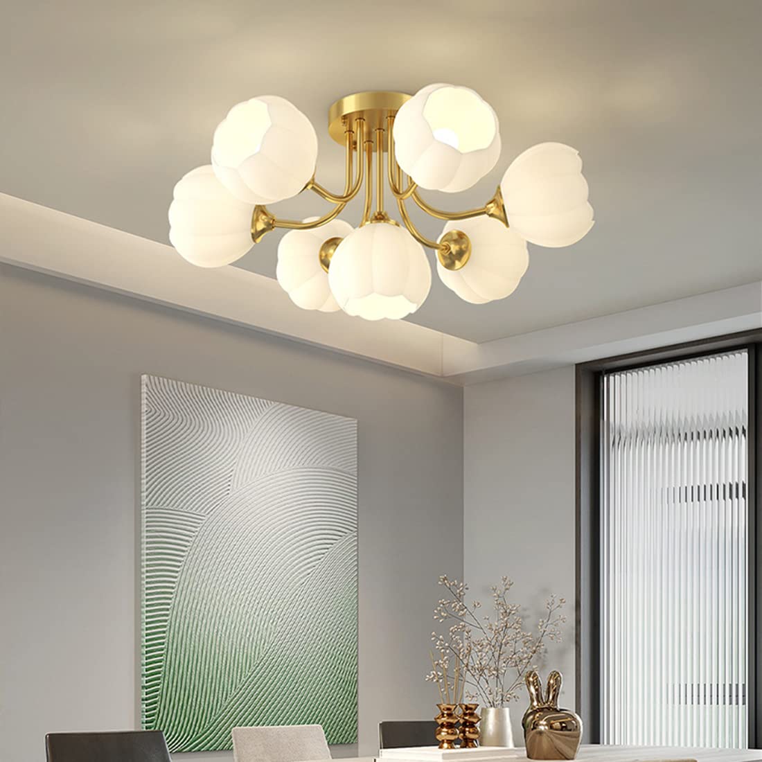 Qufute 7-Light Glass Ceiling Light Gold Chandelier Modern Flush