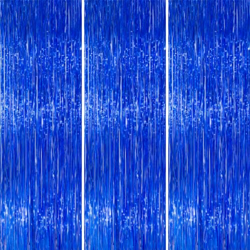PartyWoo Dark Blue Streamers Fringe Backdrop 3pcs Navy Blue Foil Fringe Curtain 8.2FT Tinsel Backdrop for Birthday Gender Reveal Baby Shower Graduation Pool Under The Sea Ocean Party Decorations