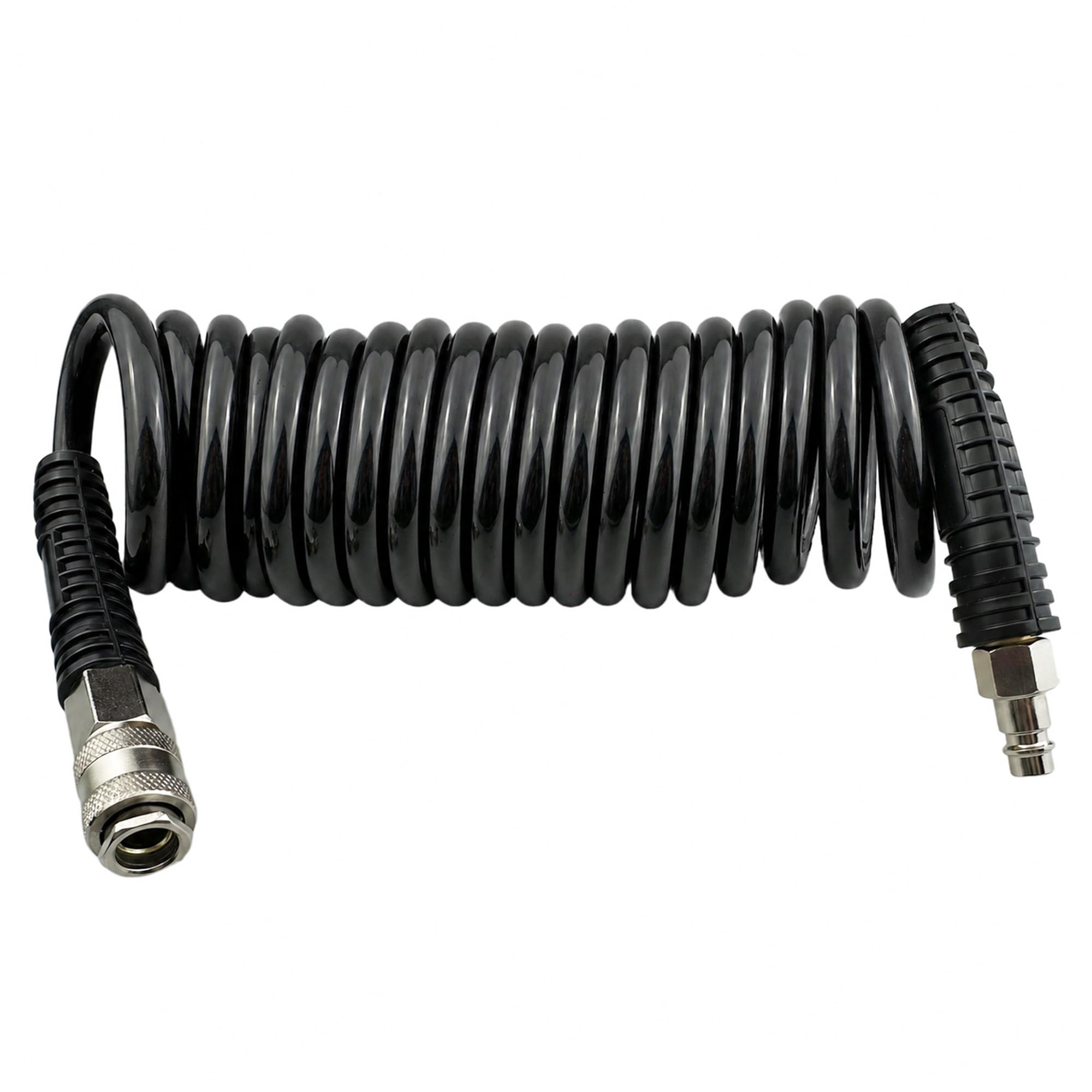Darnassus Polyurethane Recoil Air Hose, 6 mm Inner Diameter, 4.5 m Black with Bend Restrictor and Industrial Quick Coupler and Plug