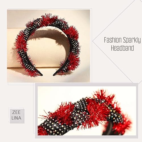 Miniatura 3 de Diadema de diamantes de imitación de moda, diademas brillantes de cristal, bandas coloridas para la cabeza para mujeres y niñas (rojo negro)