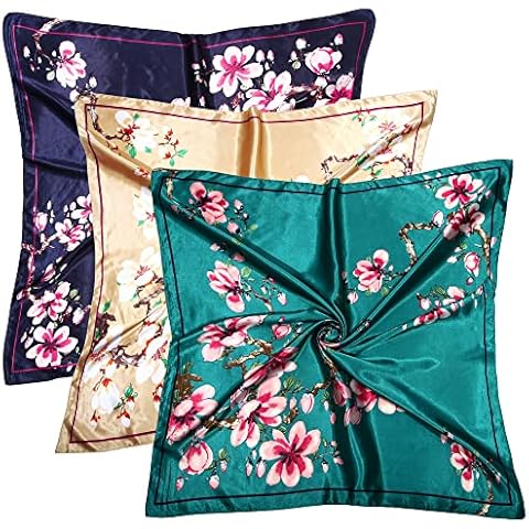 DOOBO Silk Scarf - 3 Pcs 35 Inches Polyester Satin Head Scarf for Women - Aquamarine, Navy, Khaki Cover