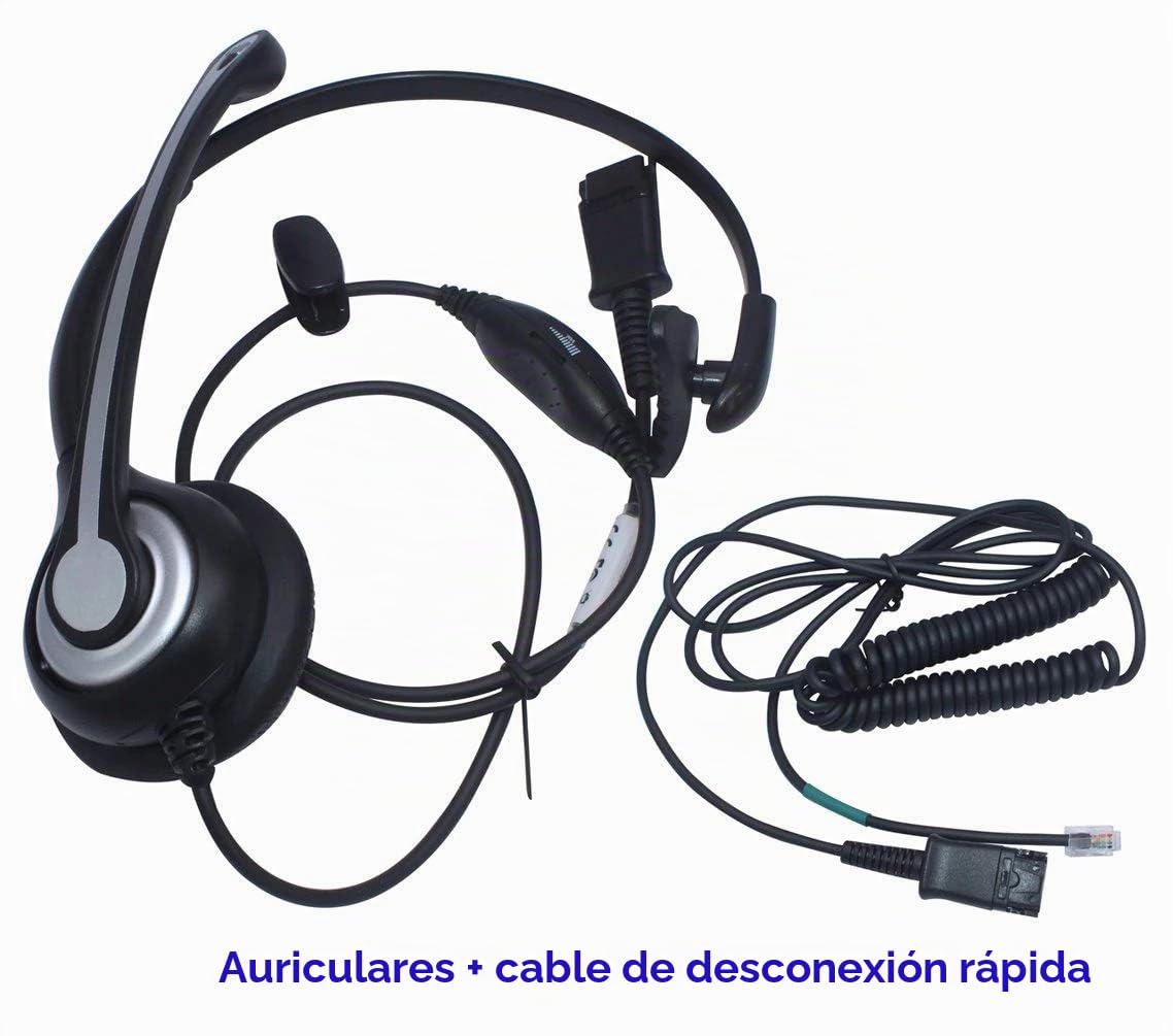 Auriculares Teléfono Fijo RJ9 Mono, Micrófono con Cancelación de Ruido, Quick Disconnect, WANTEK Cascos con Control de Volumen para ShoreTel Plantronics Polycom NEC Nortel Norstar Meridian(600QS2)
