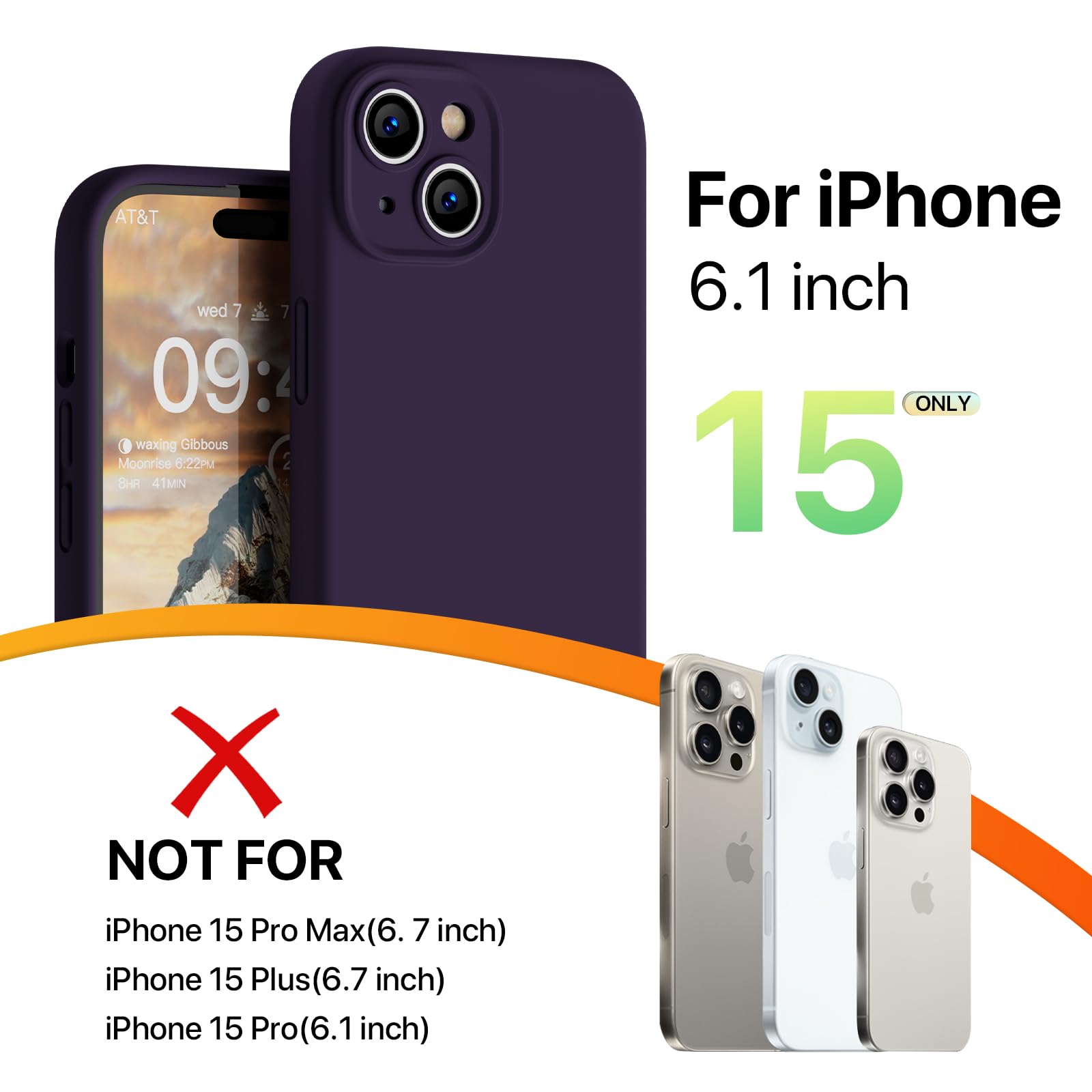 GOODVISH 3 in 1 Silicone Cover per iPhone 15 6.1" (2023), Custodia con 2 Pellicola Protettiva, Case per Cellulare Ultra Sottile Antiurto Resistente [Protezione Fotocamera], Viola Scuro
