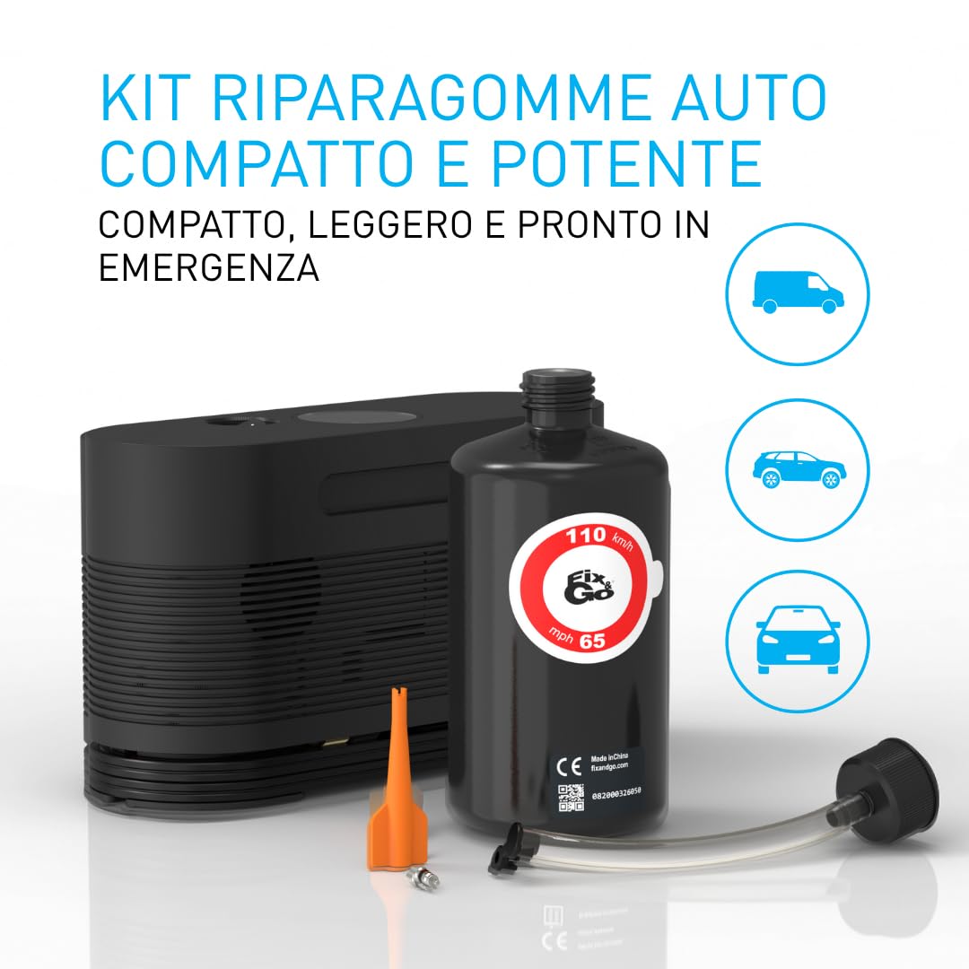 Fix&Go AIR Kit Riparazione Pneumatici Auto con Compressore Aria Portatile 12V, Kit Gonfiaggio e Ripara Gomme Forate, Sigillante Ecologico Safe TPMS, Qualità Svizzera Approvato OEM per Auto e SUV