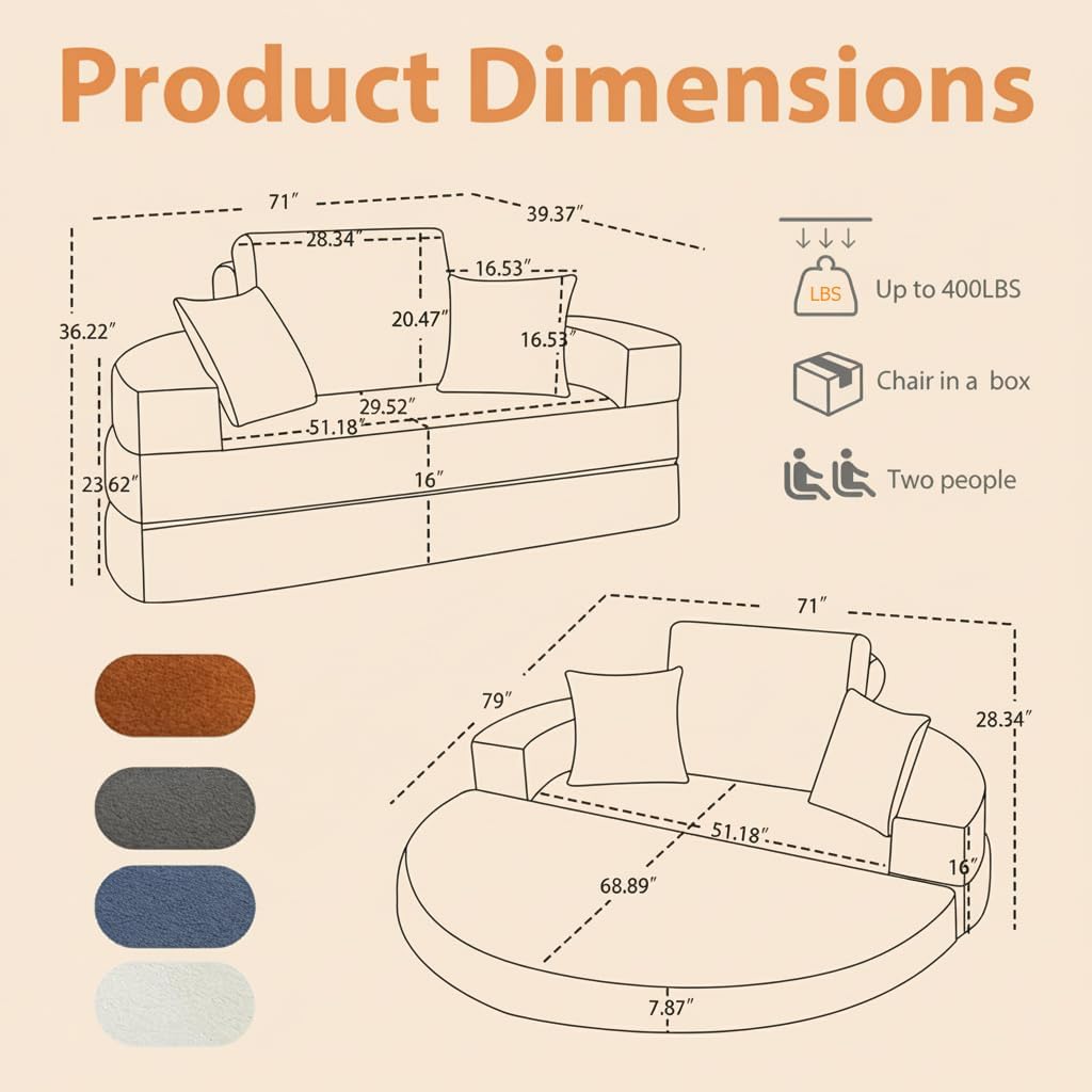 71" Convertible Round Sofa Bed, Velvet Folding Floor Couch with Armrests & 2 Pillows, Boneless Loveseat Sleeper for Living Room, Apartment, Playroom, Orange