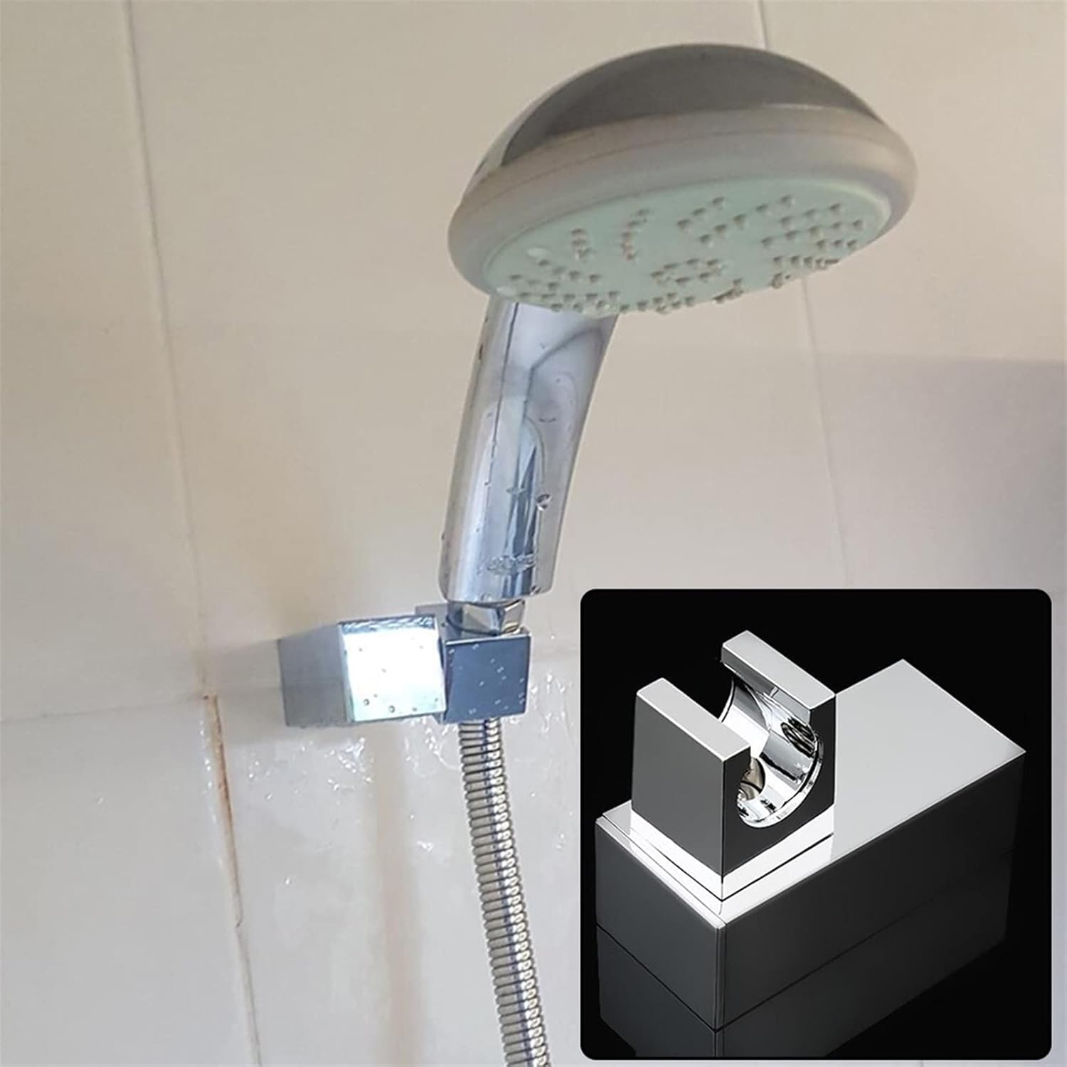 Shower Head Wand Holder, Shower Holder Adjustable Hand Held Shower Head Holder Bracket Wall Mounting Installation 360 Degrees Rotation for Bathroom Square