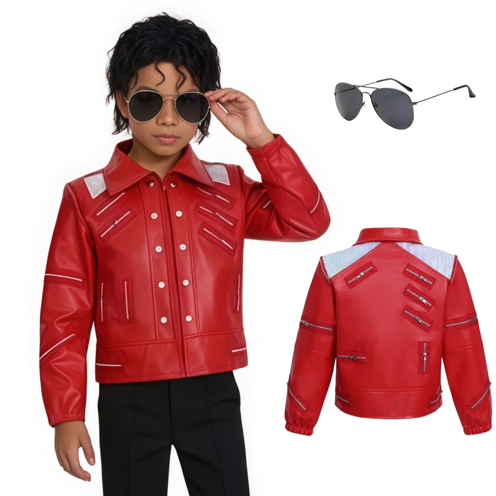 Kids Halloween Costume, 80s Pop Star Jacket Trousers Sunglasses Outfit Red โ image 1