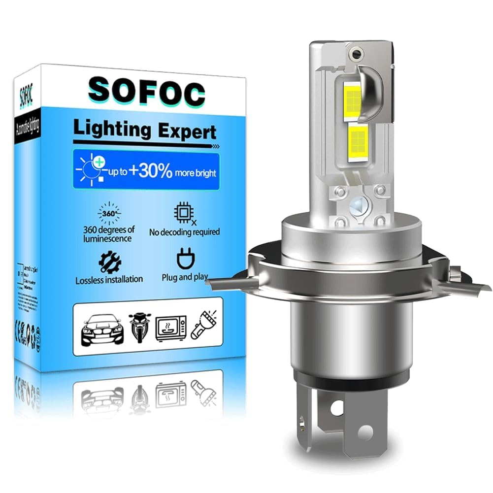 SOFOC H4 Lampadina 9003/HB2 Led 500% Più Luminosa Dei Fari Alogeni Per Moto/Auto Bianco DC 12V-18V 60W 4000Lm P43T Design Con Fascio Alto E Basso 1Pcs