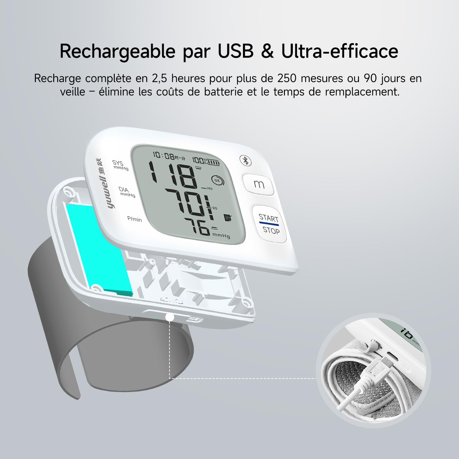 yuwell Tensiomètre au Poignet Intelligent pour un Usage Domestique ou en Déplacement, Tensiomètre avec Brassard Préformé 13,5 – 19,5 cm, avec Battement Cardiaque Irrégulier(YE8800AR)