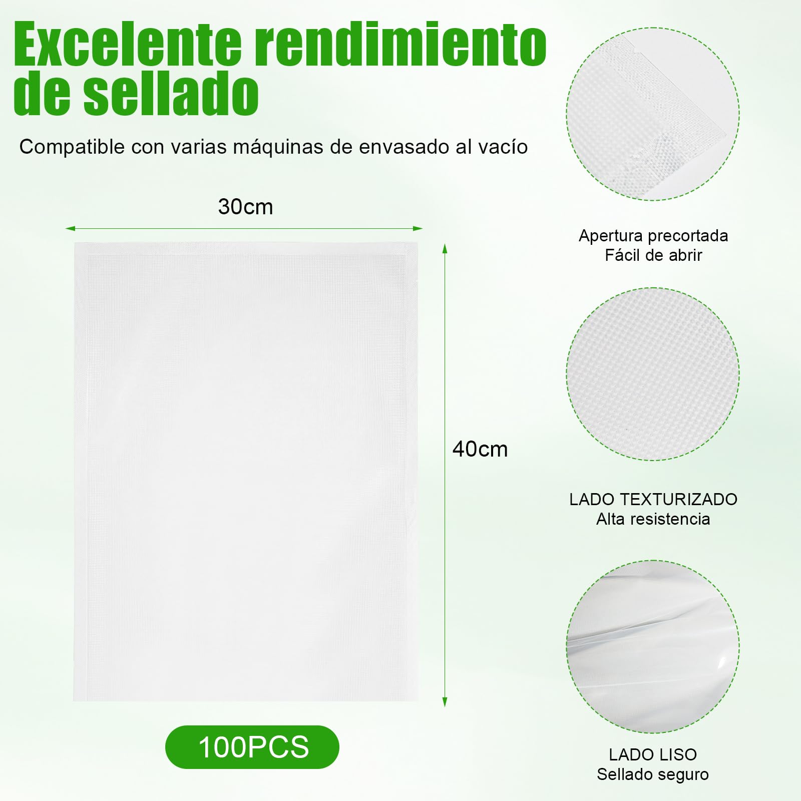 Bolsas de Vacío para Alimentos 100 Unidades 30x40 cm – Gofradas, Sin BPA, Compatibles con Todas las Máquinas de Vacío, para Conservación y Cocción Sous Vide