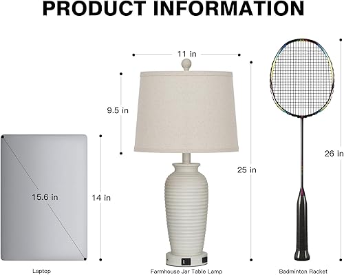 Miniatura 2 de Lámparas de mesa vintage de 25 pulgadas, lámpara de noche rústica individual con puertos USB A+C y salida de CA, lámparas de mesita de noche para
