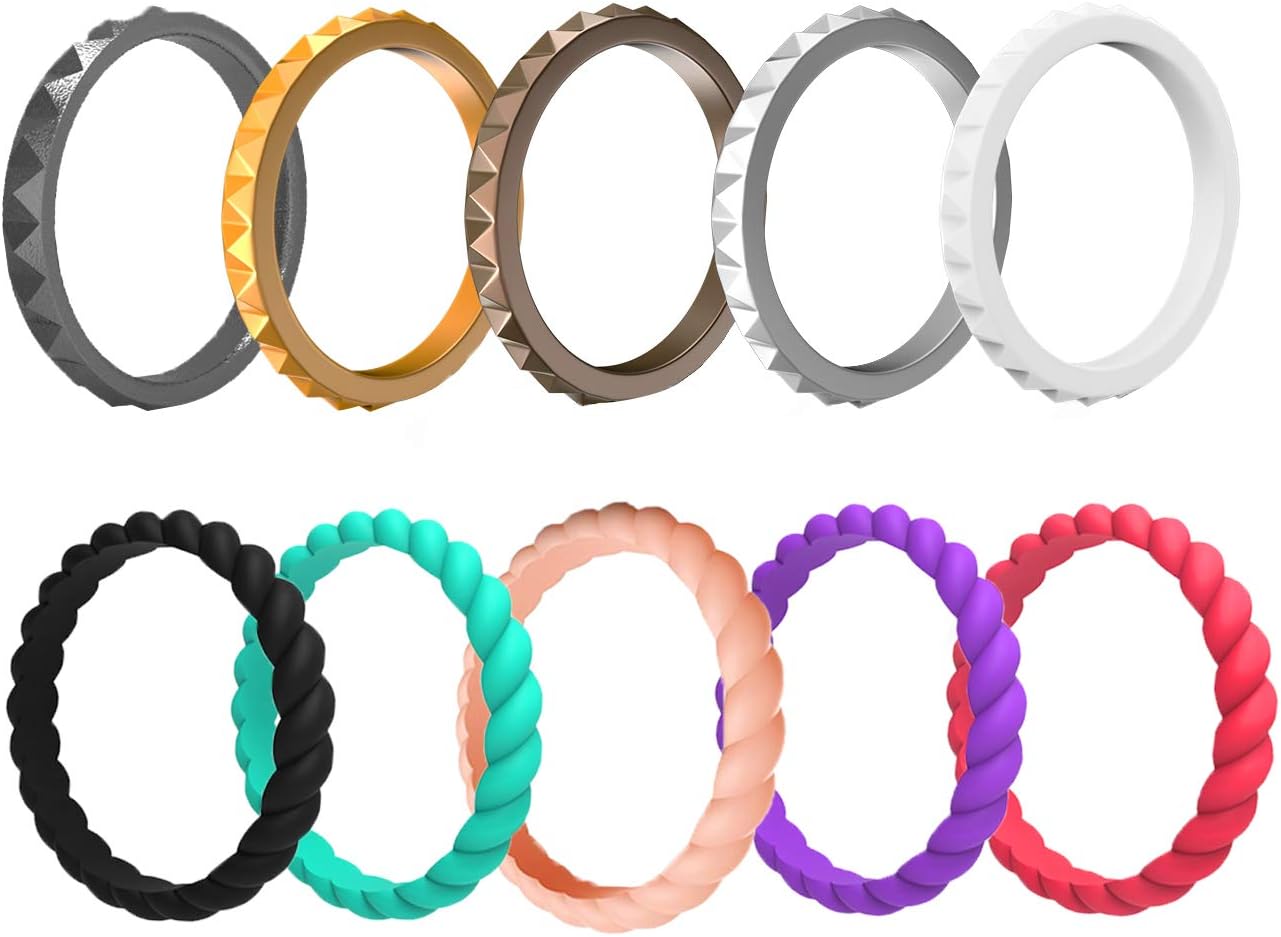 Arua Thin Silicone Wedding Rings for Women Stackable Silicone Rings, Diamond Pattern – Fashion Rubber Wedding Bands