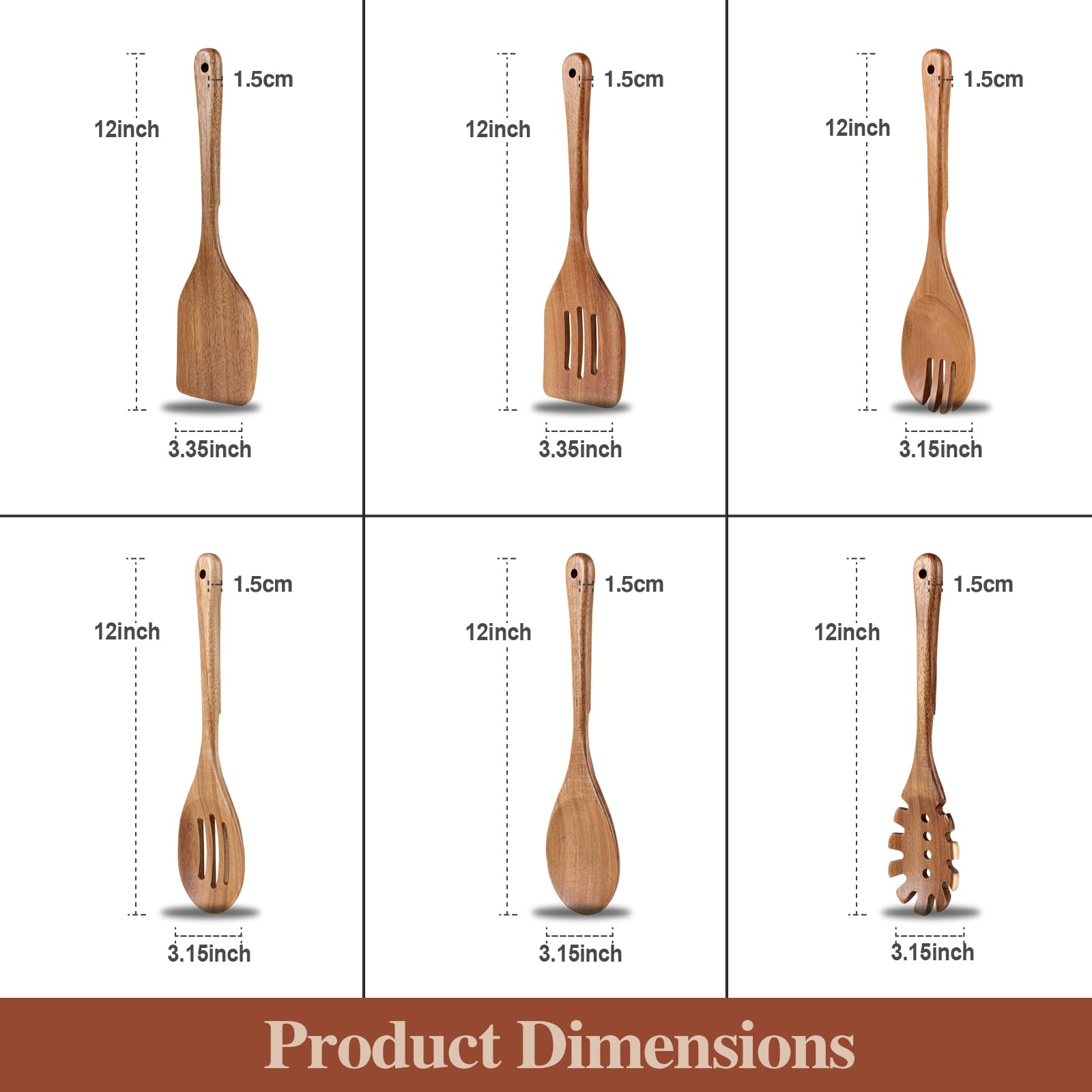 Cucharas de madera para cocinar, 6 piezas de utensilios de cocina de madera de acacia natural con diseño antiadherente y resistente al calor, juego de utensilios de cocina de madera con agujero