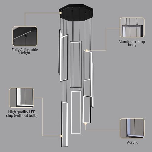 Miniatura 44 de Lámpara colgante moderna para isla de cocina, regulable, color negro, 54 W, luces colgantes LED, 4 anillos, candelabros rectangulares, escalera