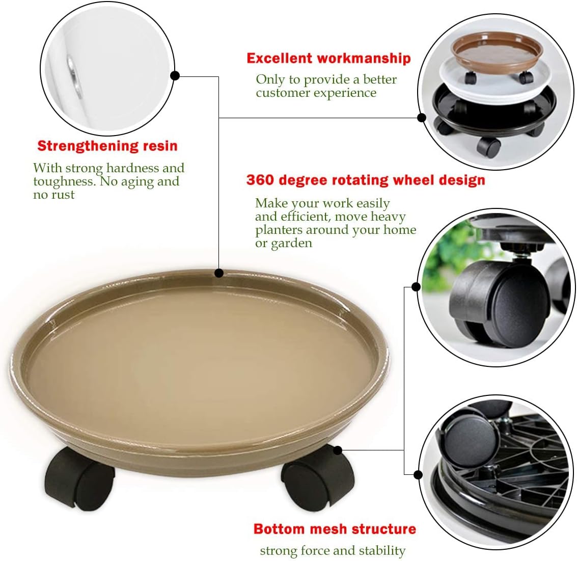 14" Plant Caddy, 2-Pack Round Plant Stand with Wheels, Minimalist Beige Corrosion Resistant Indoor/Outdoor Plant Tray Trolley