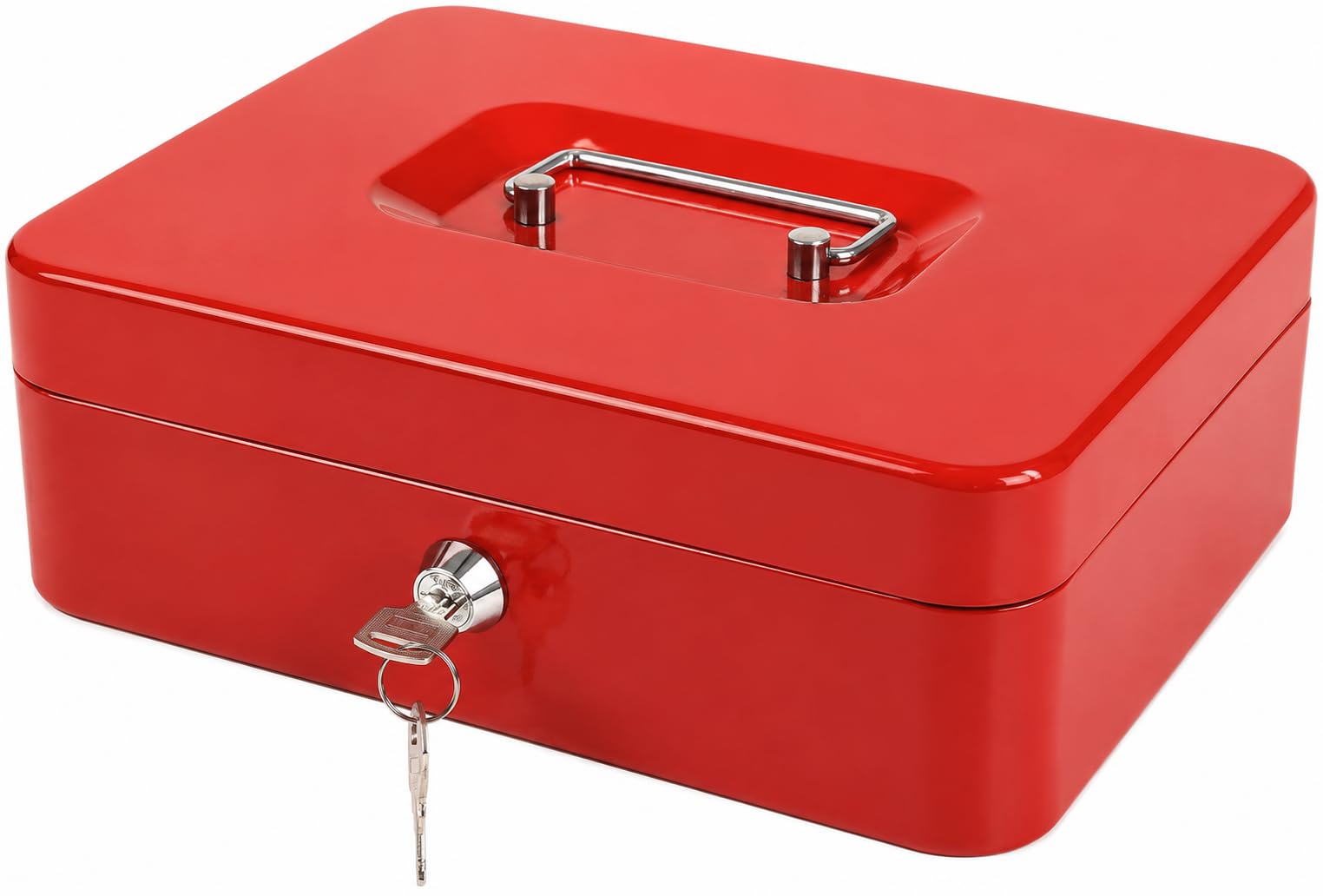 Cash Box for Shop - Compact Solid Steel Lockable Security Storage Chest for Loose Money, Coins & Valuables with 2 Keys - Removable Tray with 5 Coin Sections,1 Bill Section - 8 Inch (Red)-image-5
