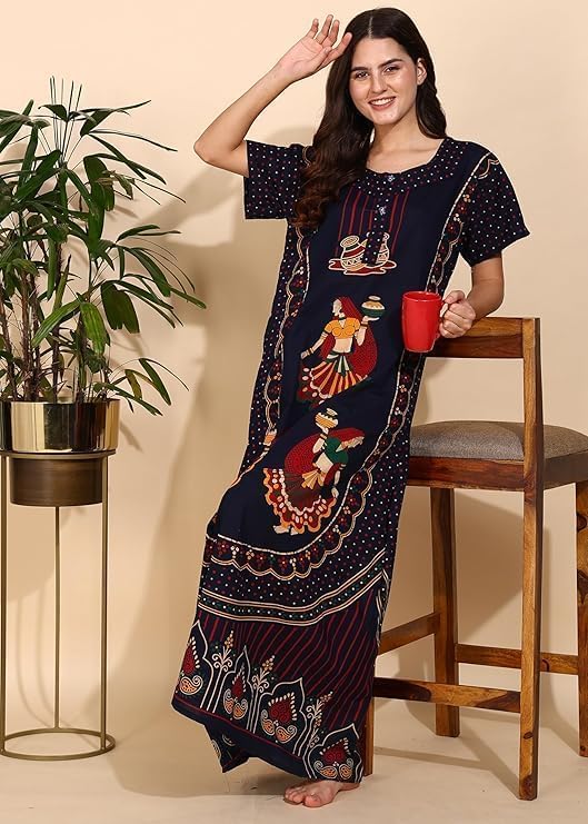 Image of PITINAN Pure Cotton Embroidered Nighty for Women | Maxi Night Gown | Jaipuri Cotton Nightdress with Pocket & Adjustable Knot | Comfortable Sleepwear