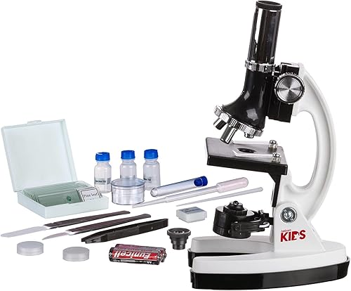 Miniatura 33 de AmScope - Kit de microscopio para niños estudiantes, para principiantes, con brazo blanco de metal, 120x-1200x, con telescopio refractor compacto