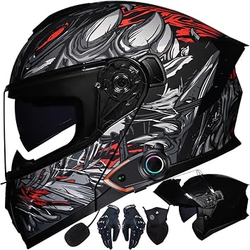 Flip-up Motorcycle Helmet with Bluetooth Motorcycle Helmet Integrated Bluetooth Helmet with ECE Certified Moped Full Face Helmet Scooter Helmet Anti-Fog Double Mirror for Men and Women 54 - 63 cm