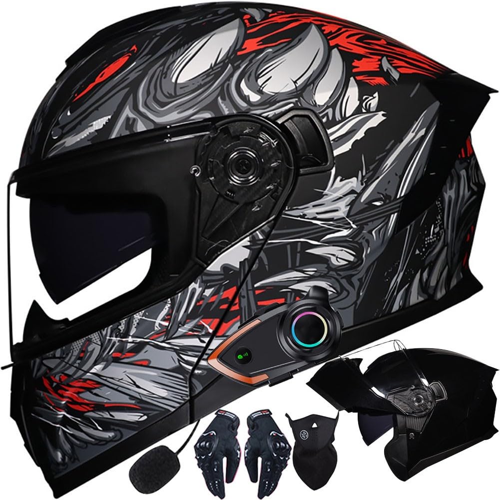 Casco Modulare Moto Bluetooth Integrato, Certificazione ECER22.06 Caschi Modulari Apribili Dual Visor Anti-Fog Caschi, Casco Moto Integrale Full Face Freddo per Uomo Dona 54~63cm