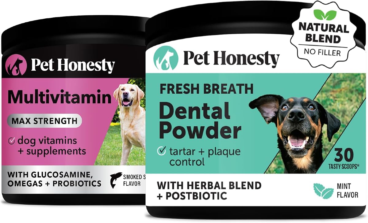 Paquete virtual multivitamínico para perros de máxima resistencia + polvo dental para limpieza de dientes y eliminación de placa, suplemento de salud 15 en 1 para piel, pelaje y apoyo inmunológico