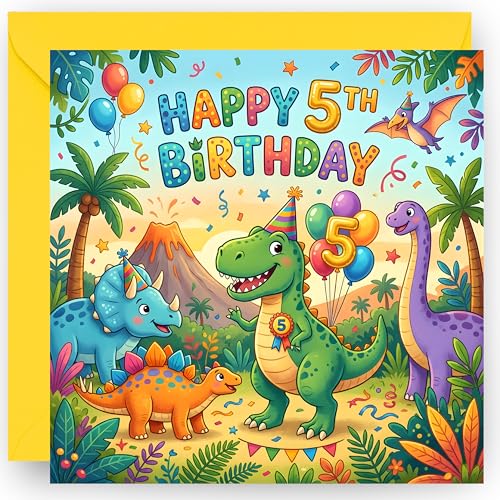 5th Birthday Card for Boys Five Today 5 Years Old - Cute Dinosaur Design Happy Fifth Birthday Greeting Card for Grandson Nephew Son- Includes Yellow Envelope 14cm
