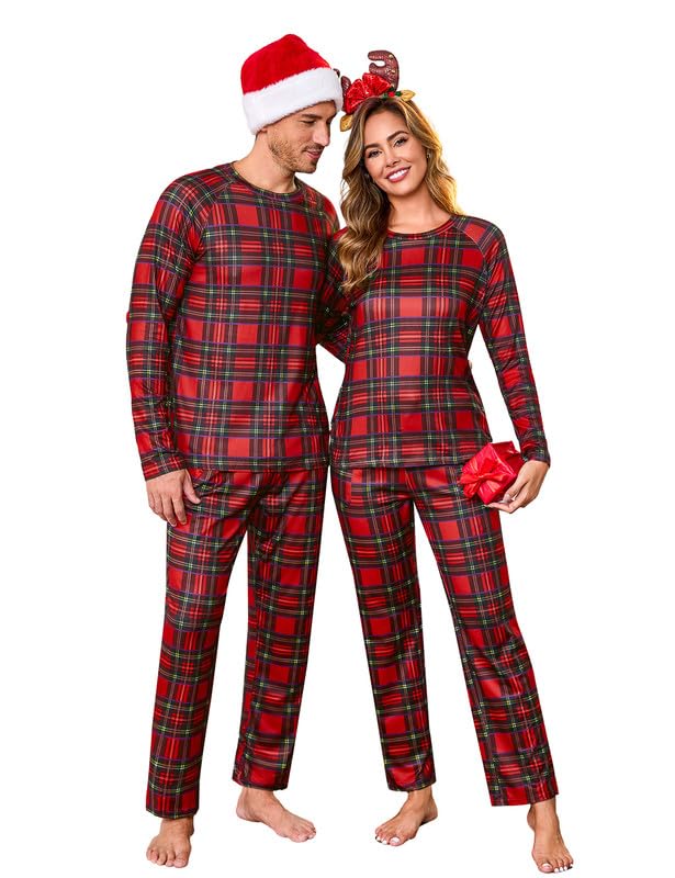 Marvmys Men & Women Pajama Sets for Couples Long Sleeve Sleepwear Top Plaid Pants Loungewear Set Christmas Red Plaid S