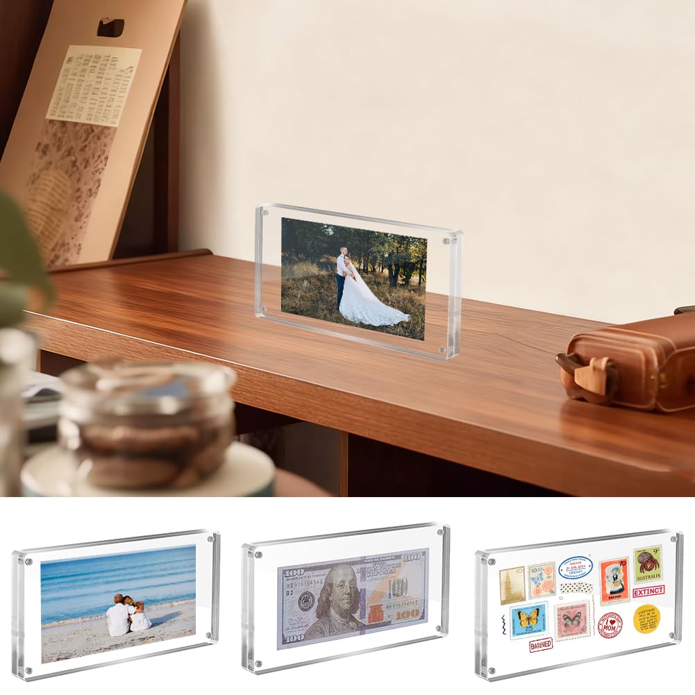 AHANDMAKER Cornice per foto in acrilico trasparente da 10,2 x 20,3 cm, double face, banconota da dollaro, cornice senza cornice, per casa, ufficio, scrivania, decorazione per Natale, anniversario