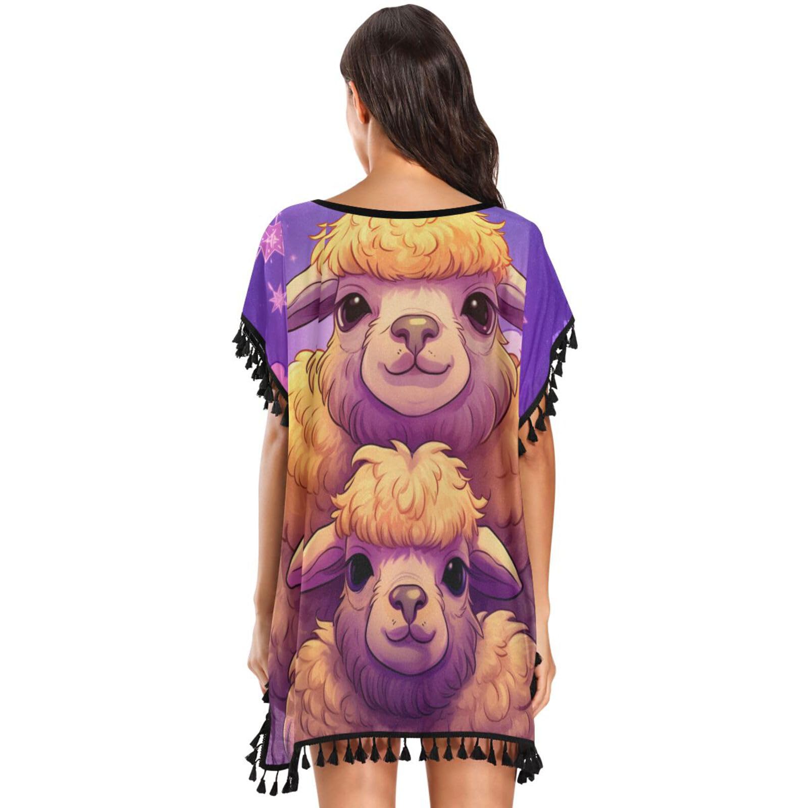 KAAVIYO Doodle Style Cute Sheep Women's Beach Cover Up Chiffon Tassel Swimwear Swimsuit Coverups for Girl