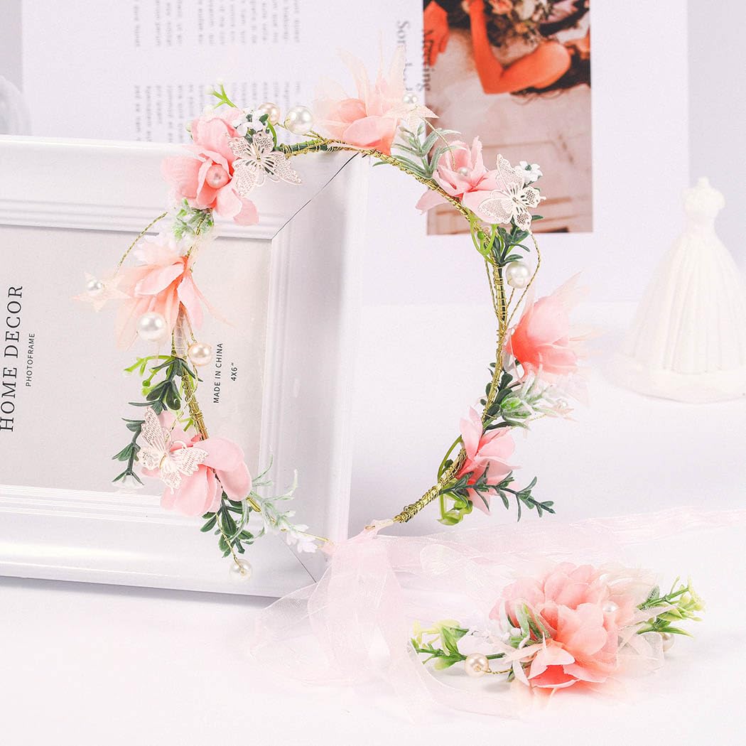 IYOU Wedding Flower Headband Set Pink Floral Crown Hair Wreath Pearl Bride Bridesmaid Hair Accessories with Wristband for Women and Girls - Image 4